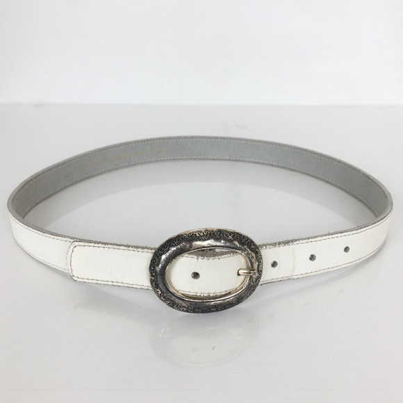Vintage White Leather Skinny Belt Women\'s Size M Oval Distressed Silver Buckle main image 6